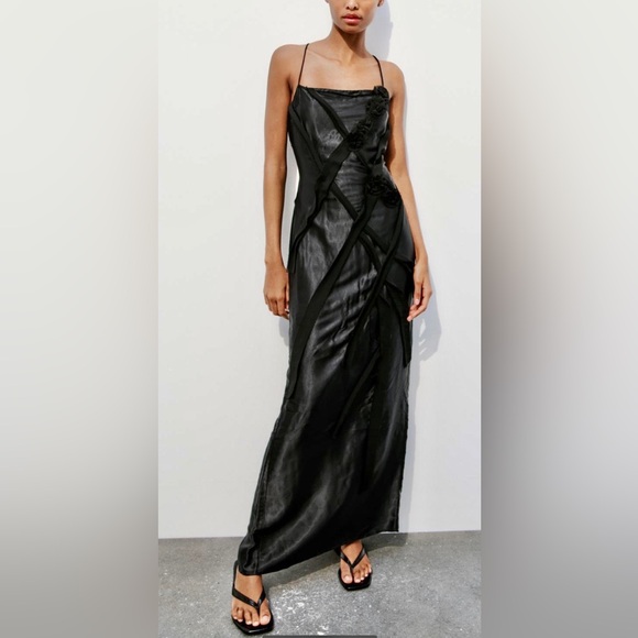 Zara NWT black satin & mesh floral appliqué slip maxi dress with spaghetti strap - Picture 2 of 12